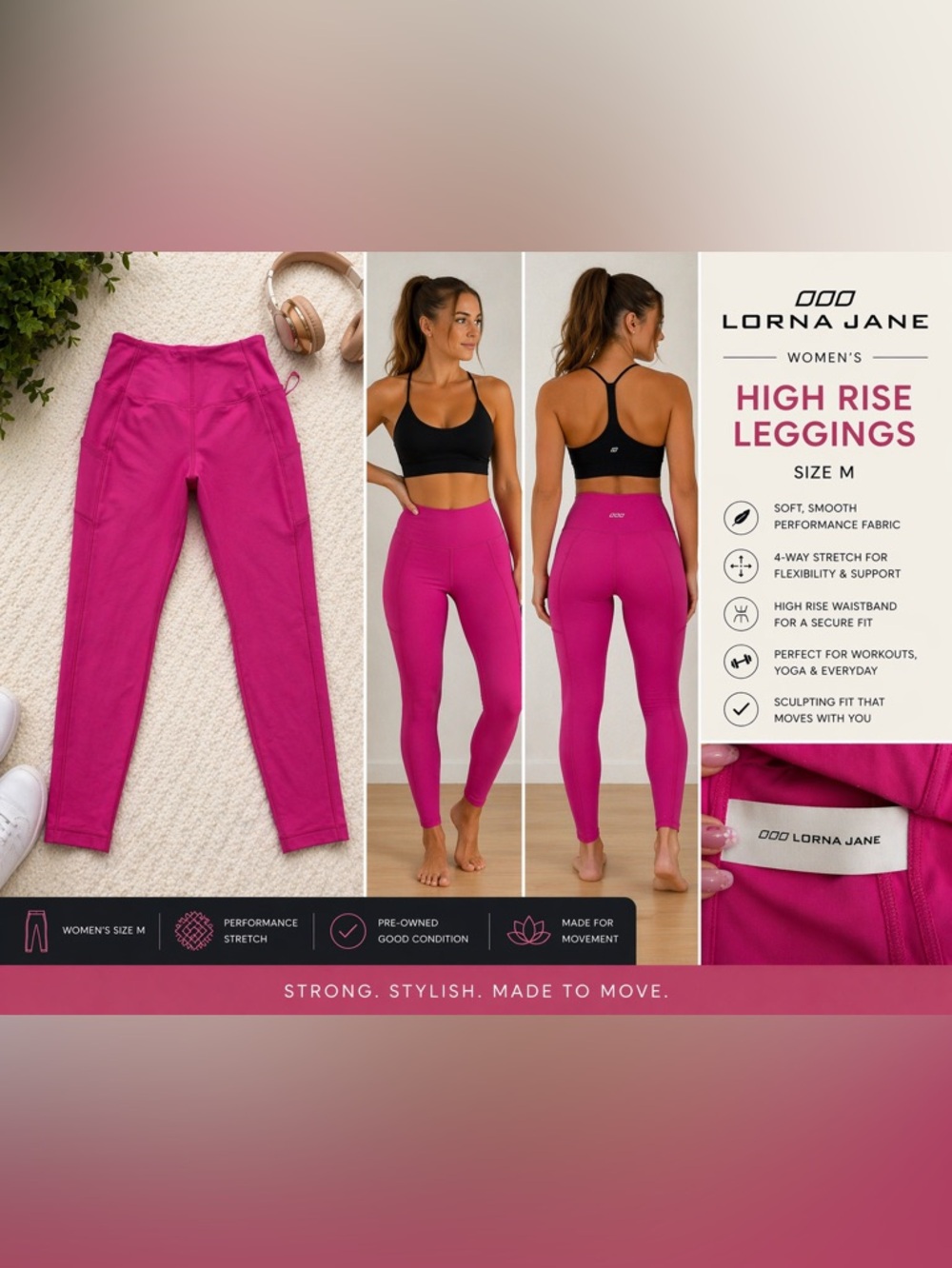 Lorna Jane High Rise Leggings Sz M | Pink Sculpt Yoga Gym Athleisure